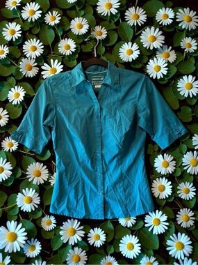 Merrell Opti-Wick Teal Blue Short Sleeve Athleisure Button Front Shirt